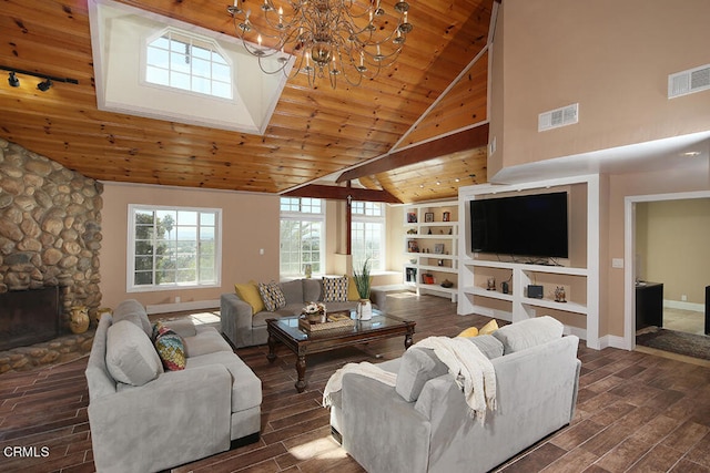 living room with high vaulted ceiling, dark hardwood / wood-style flooring, a stone fireplace, and wood ceiling