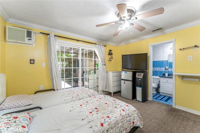 carpeted bedroom with connected bathroom, ceiling fan, a textured ceiling, and crown molding