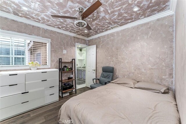 bedroom featuring ceiling fan, dark hardwood / wood-style flooring, and ornamental molding