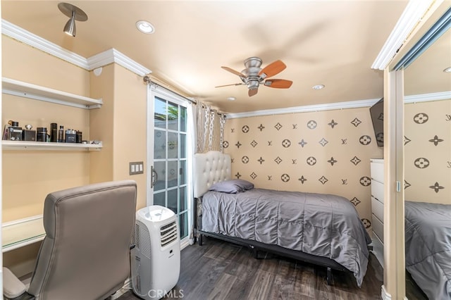 bedroom with ceiling fan, crown molding, and dark hardwood / wood-style floors