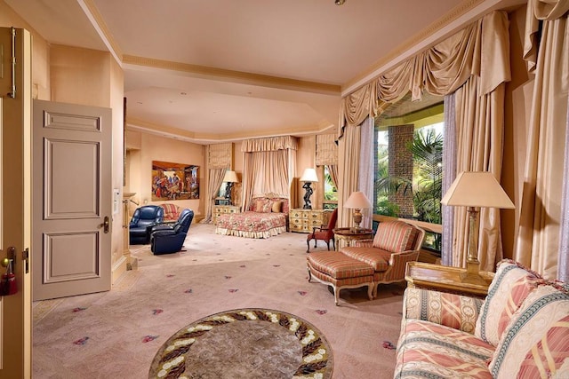 living area featuring ornamental molding and carpet