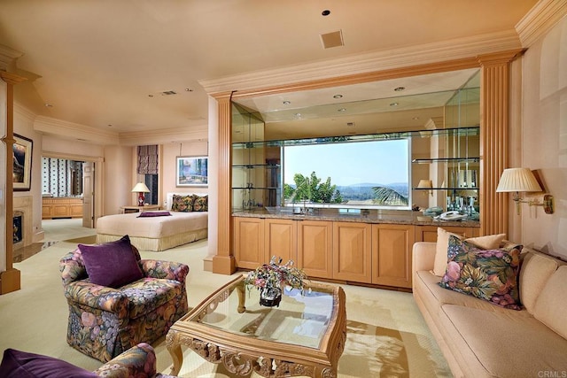 carpeted living room featuring a healthy amount of sunlight and crown molding