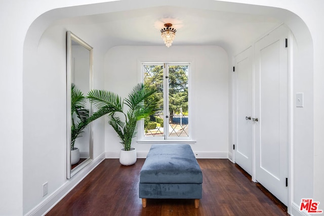 sitting room with dark wood-type flooring