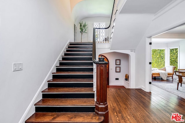 staircase featuring hardwood / wood-style floors, crown molding, and a healthy amount of sunlight