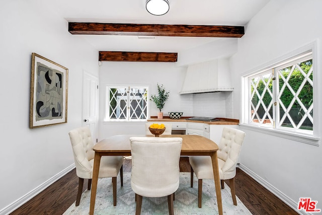 dining area with hardwood / wood-style floors and beamed ceiling