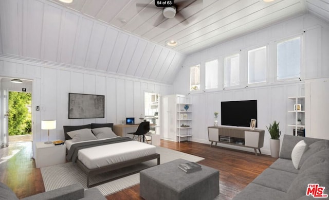 bedroom with ceiling fan, dark hardwood / wood-style floors, and multiple windows