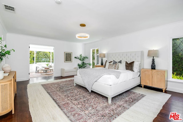 bedroom with multiple windows and dark hardwood / wood-style floors