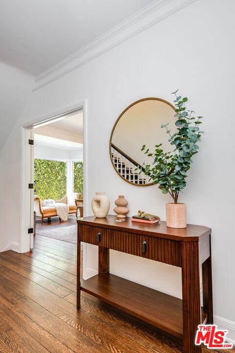 hallway featuring dark hardwood / wood-style floors and crown molding