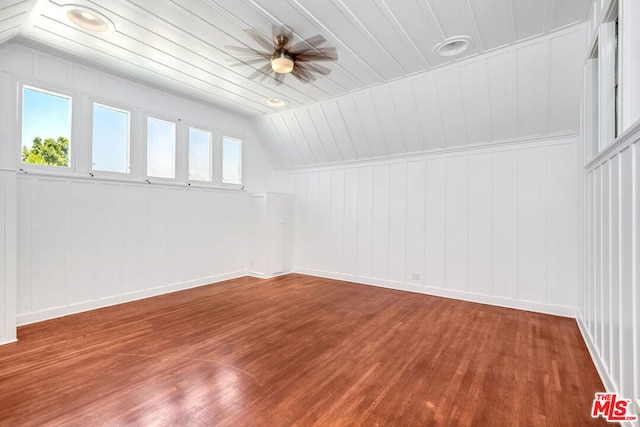 additional living space featuring ceiling fan, hardwood / wood-style flooring, wood ceiling, and vaulted ceiling