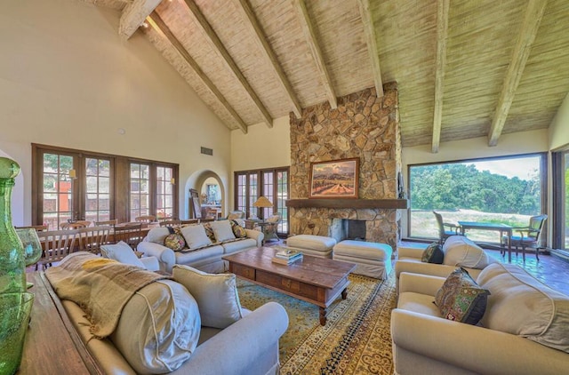 living room featuring high vaulted ceiling, wooden ceiling, and beamed ceiling