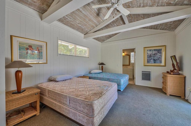 carpeted bedroom featuring wood ceiling, vaulted ceiling with beams, ceiling fan, ensuite bathroom, and heating unit