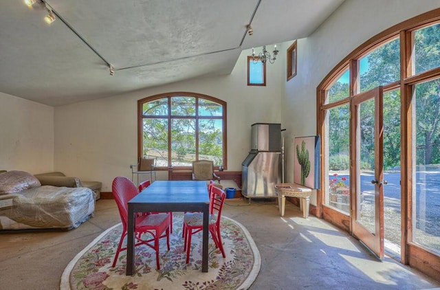 dining space featuring plenty of natural light, a chandelier, and rail lighting