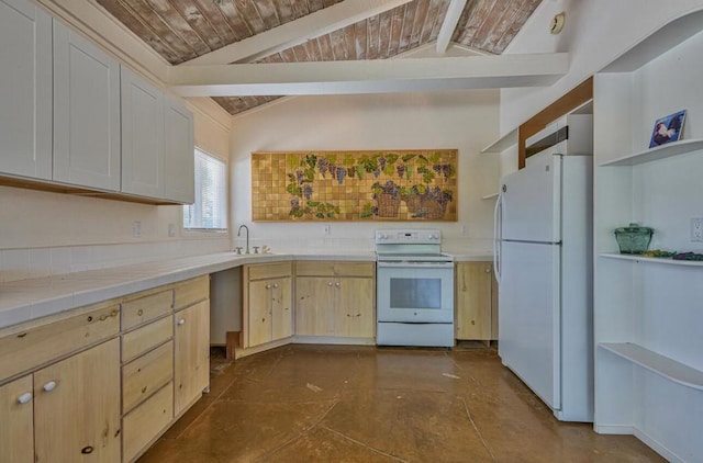 kitchen with vaulted ceiling with beams, sink, white appliances, light brown cabinetry, and wooden ceiling