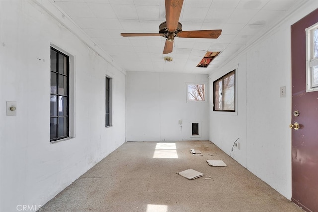 unfurnished room with ceiling fan and carpet flooring