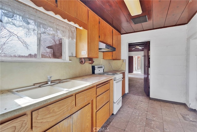 kitchen featuring light tile patterned floors, range hood, ceiling fan, white gas range, and wood ceiling