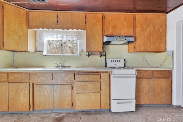 kitchen featuring white electric range oven, light tile patterned floors, sink, and exhaust hood