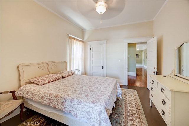 455 W 20th St, Merced, CA 95340 - bedroom with ceiling fan, ornamental molding, and dark hardwood / wood-style flooring