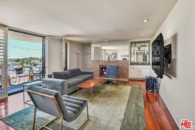 living room featuring a tile fireplace, a healthy amount of sunlight, and dark wood-type flooring