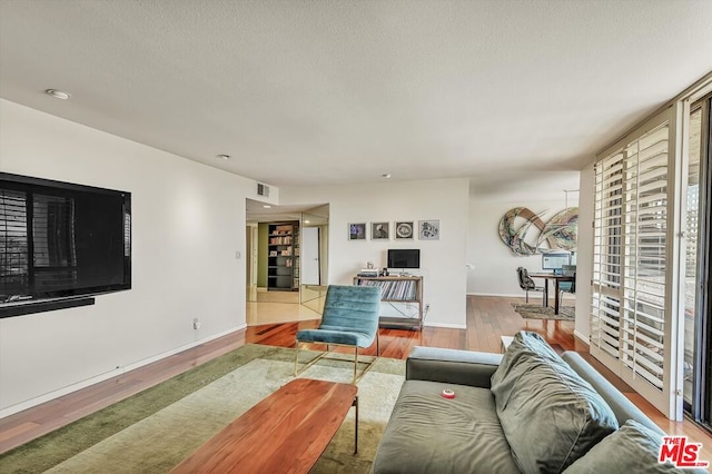 living room featuring wood-type flooring and a textured ceiling