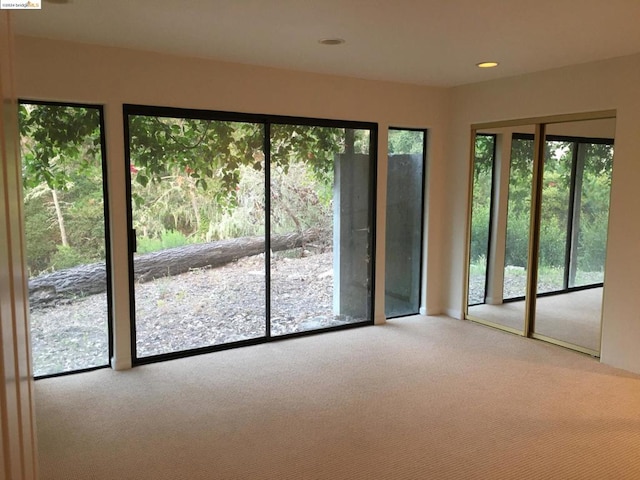 doorway to outside featuring light colored carpet