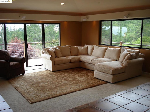 living room featuring tile patterned flooring