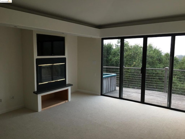 unfurnished living room with light colored carpet