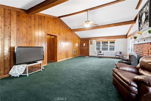 living room featuring ceiling fan, wooden walls, lofted ceiling with beams, and carpet