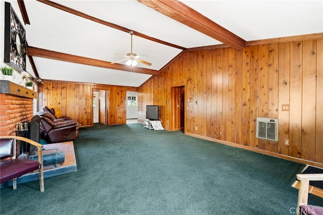 living area featuring ceiling fan, wooden walls, vaulted ceiling with beams, and carpet floors