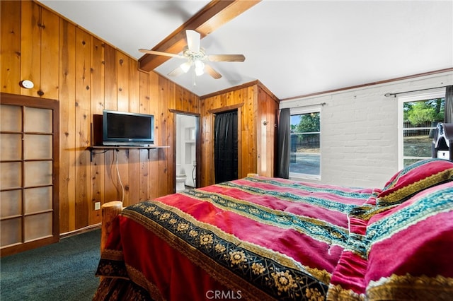 carpeted bedroom featuring ceiling fan, lofted ceiling with beams, and wooden walls