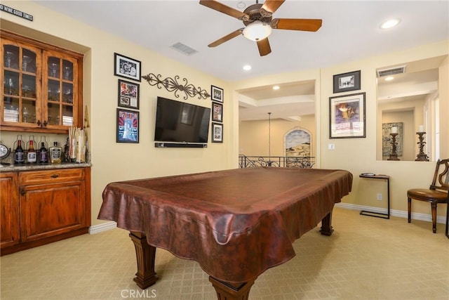 playroom featuring pool table, light colored carpet, and ceiling fan