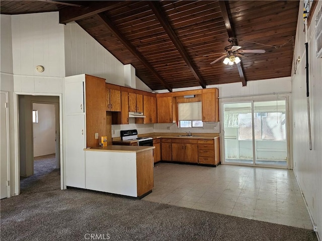 kitchen featuring high vaulted ceiling, ceiling fan, beamed ceiling, white electric range oven, and wood ceiling