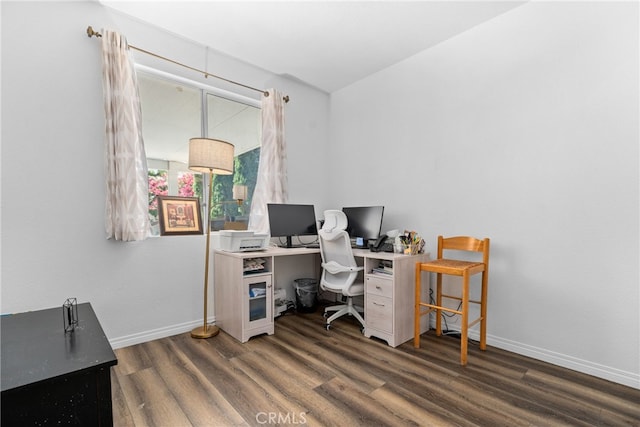 office area with dark hardwood / wood-style flooring