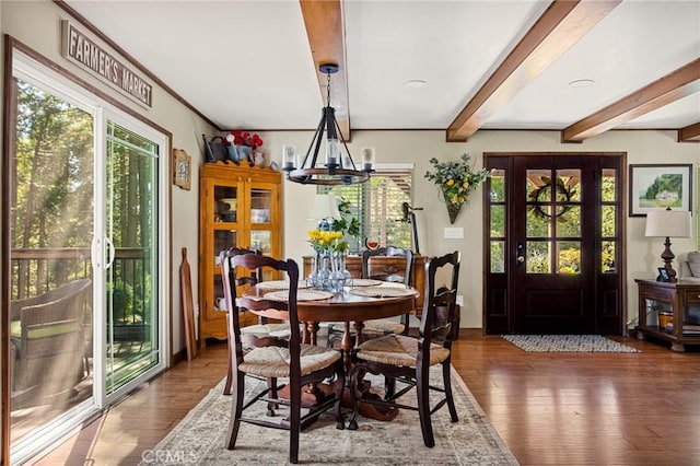 dining room with a notable chandelier, a healthy amount of sunlight, dark hardwood / wood-style flooring, and beam ceiling