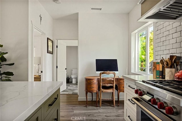 kitchen featuring dark wood-type flooring, light stone counters, decorative backsplash, stainless steel stove, and exhaust hood