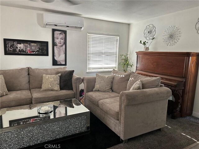 carpeted living room featuring a wall unit AC