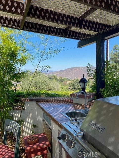 view of patio / terrace featuring a mountain view and exterior kitchen