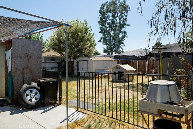 exterior space with a storage shed