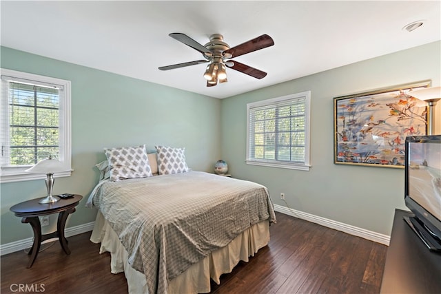 bedroom with ceiling fan, dark hardwood / wood-style floors, and multiple windows