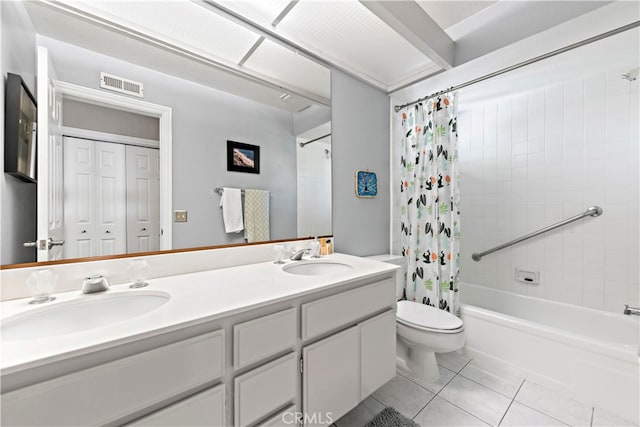 full bathroom featuring shower / tub combo, tile patterned flooring, vanity, and toilet