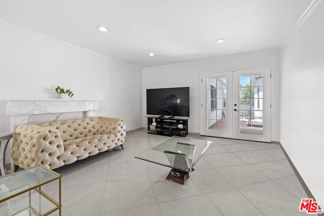 living room featuring ornamental molding, light tile patterned floors, and french doors