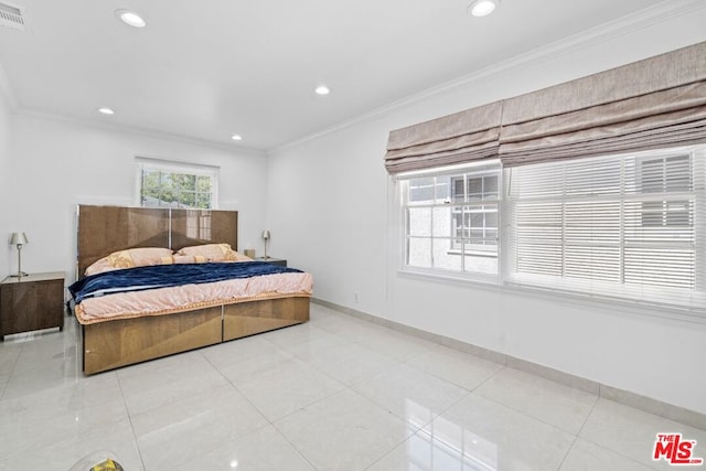 tiled bedroom with crown molding