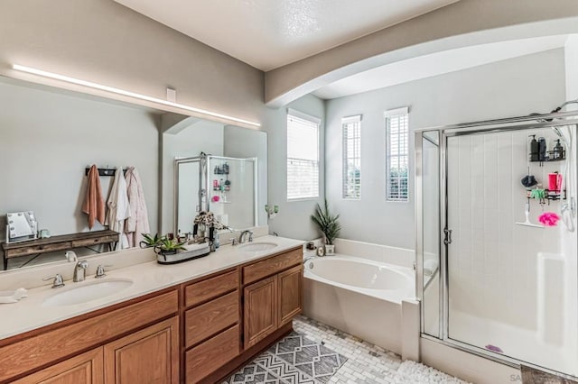 bathroom with separate shower and tub, vanity, and tile patterned floors