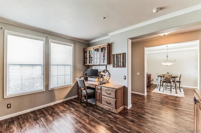 office area with dark hardwood / wood-style floors and ornamental molding