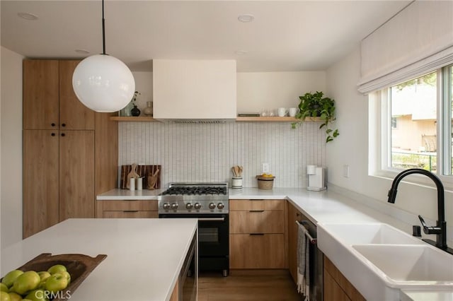 kitchen featuring pendant lighting, ventilation hood, sink, stainless steel stove, and wood-type flooring