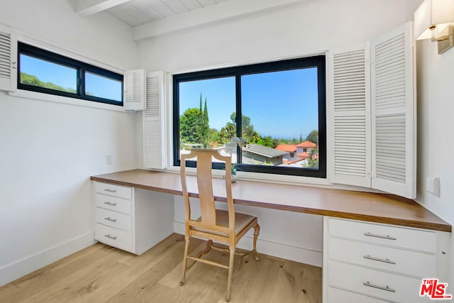 office space featuring beam ceiling, light wood-type flooring, built in desk, and wood ceiling