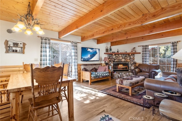 interior space with beamed ceiling, wood ceiling, light wood-type flooring, and a fireplace