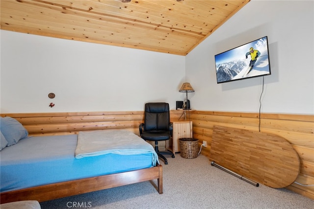 carpeted bedroom featuring log walls and wood ceiling