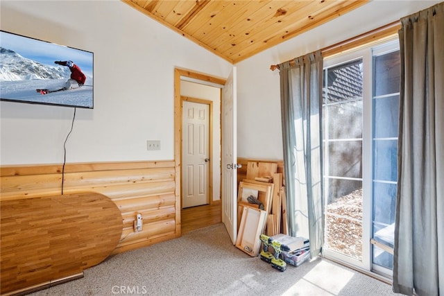 interior space with vaulted ceiling and wooden ceiling