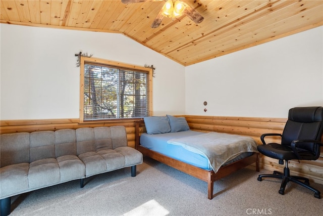 bedroom with wooden ceiling, lofted ceiling, and carpet flooring