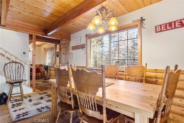 dining area with beamed ceiling, hardwood / wood-style floors, wood ceiling, and a chandelier